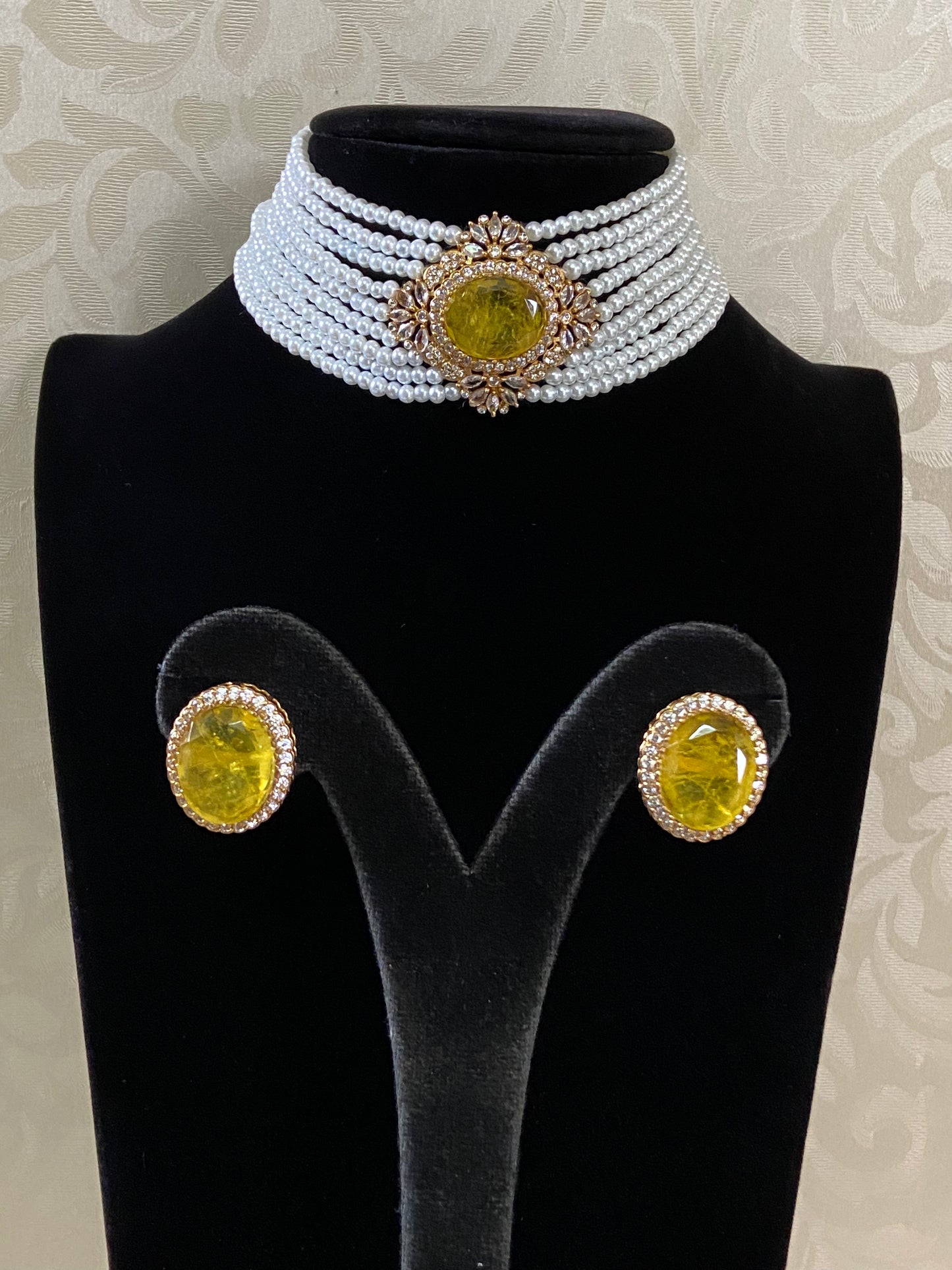 CZ Kundan  Pearl Choker Set | Antique Indian Necklace