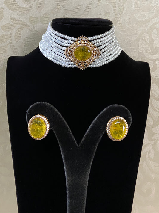 CZ Kundan  Pearl Choker Set | Antique Indian Necklace