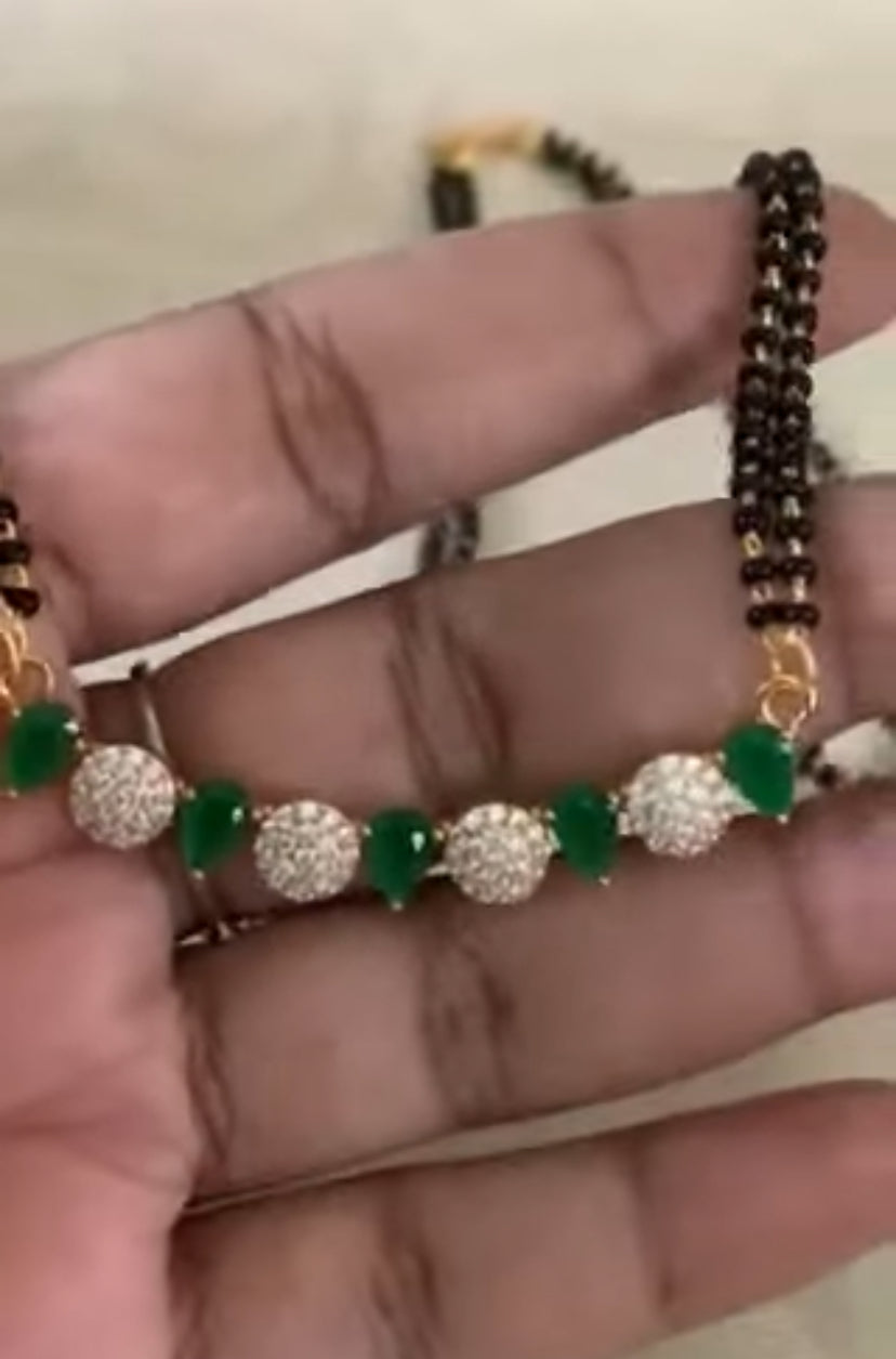 AD Green Pendant BlackBeads Necklace With Studs | Traditional Mangalasutra