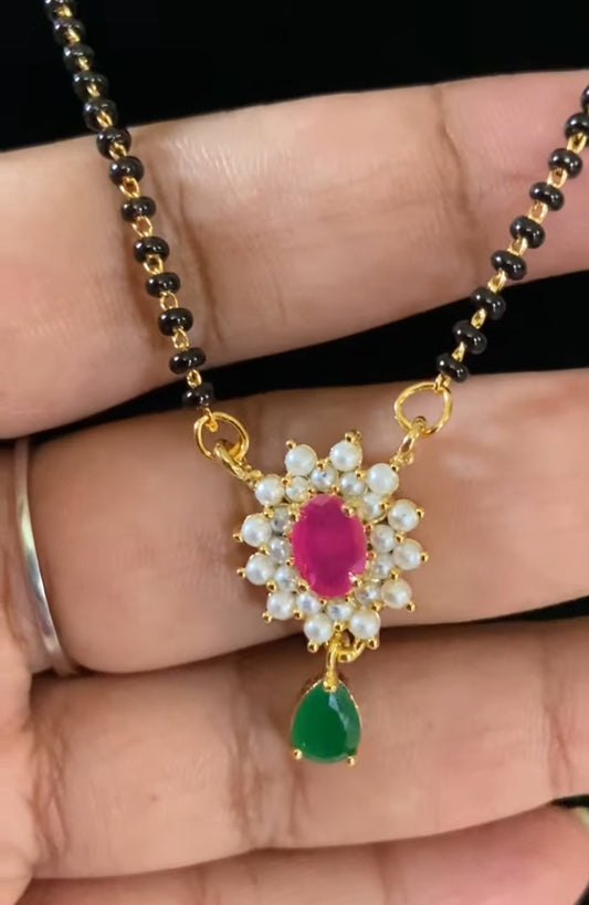 Pearl Ruby Green Pendant Mangalasutra | Black Beads Necklace With Earrings