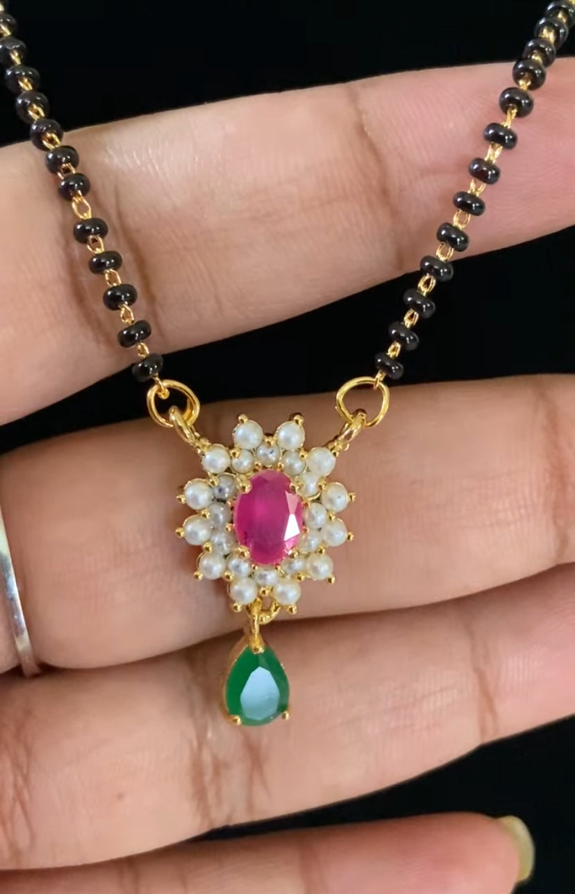 Pearl Ruby Green Pendant Mangalasutra | Black Beads Necklace With Earrings