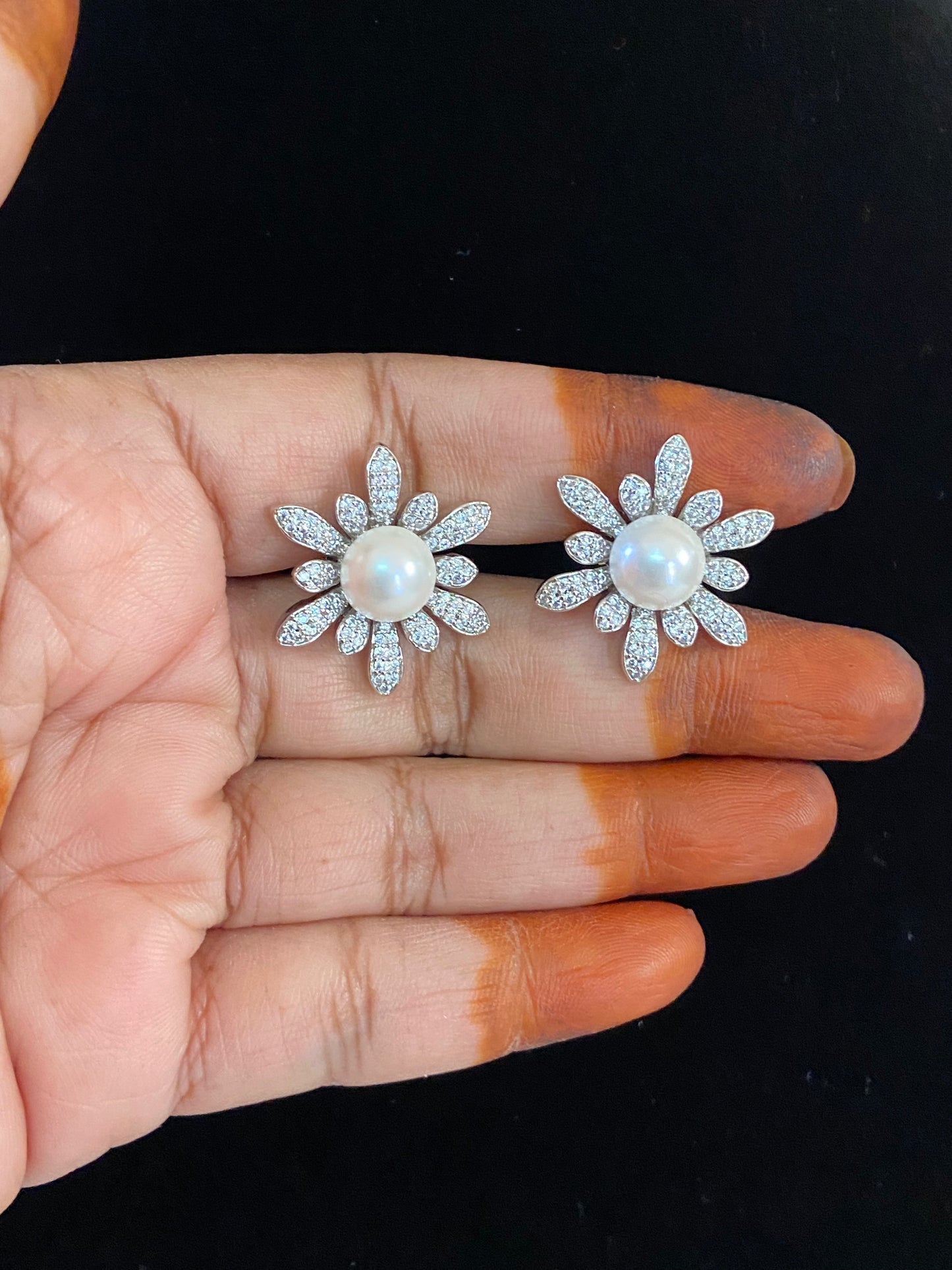 Rhodium CZ Pearl Tops | Indian Stud Earrings