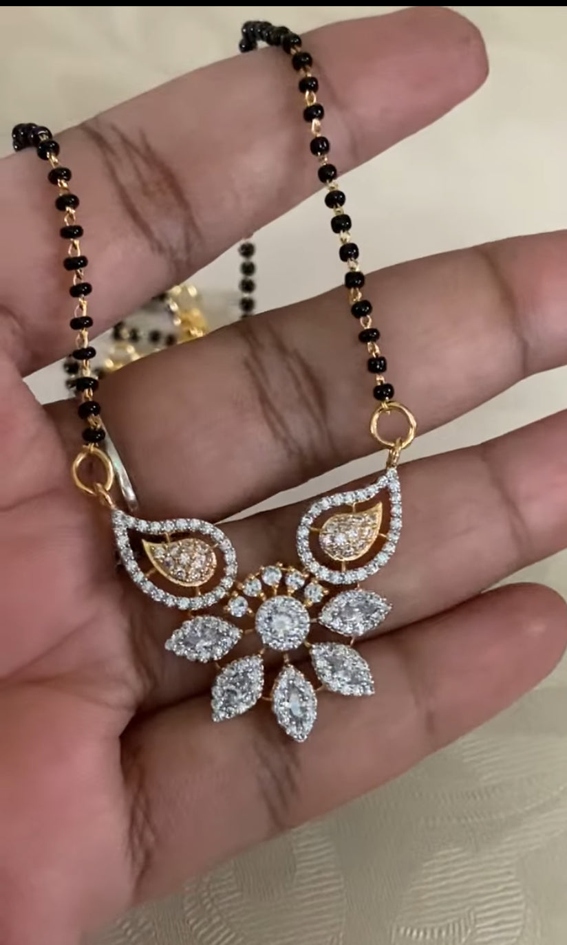 AD Rhodium & Gold Pendant Black Beads |  Traditional Mangalasutra