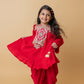 Girls Embroidered Yoke Tassels Enhanced Red Kurti And Dhoti