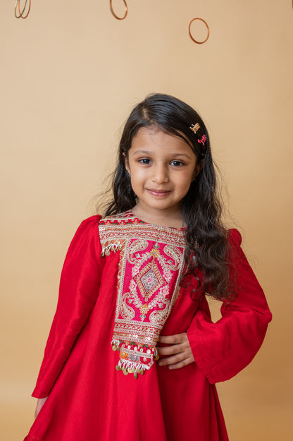 Girls Embroidered Yoke Tassels Enhanced Red Kurti And Dhoti