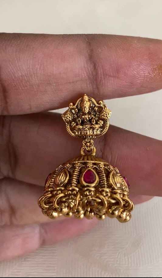 Traditional Lakshmi Ruby Necklace With Jumkis | Indian Temple Necklace