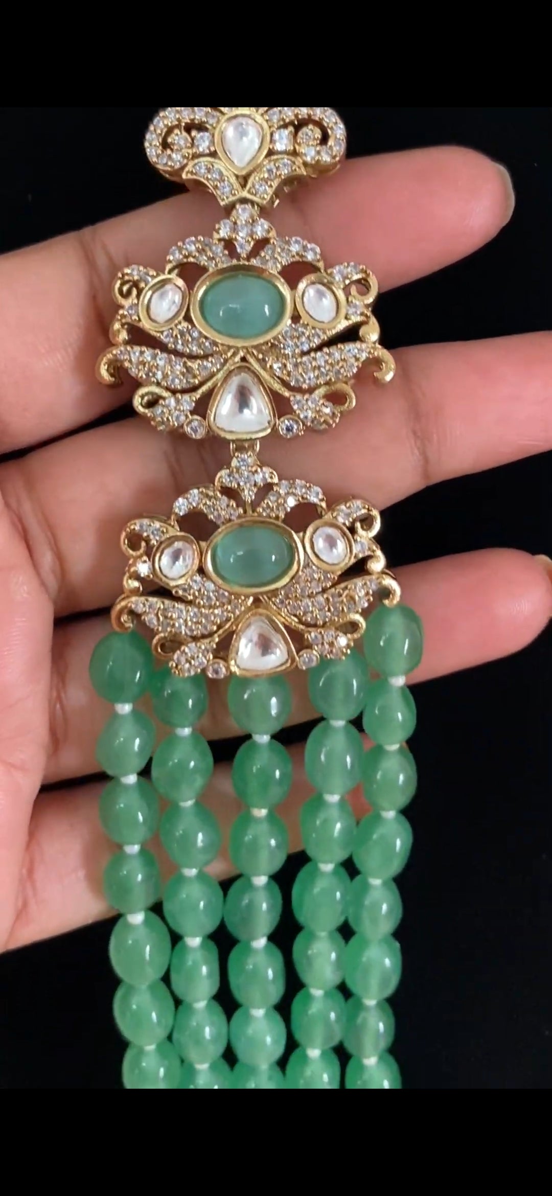 Vintage Green & Pearl Mala With Earrings