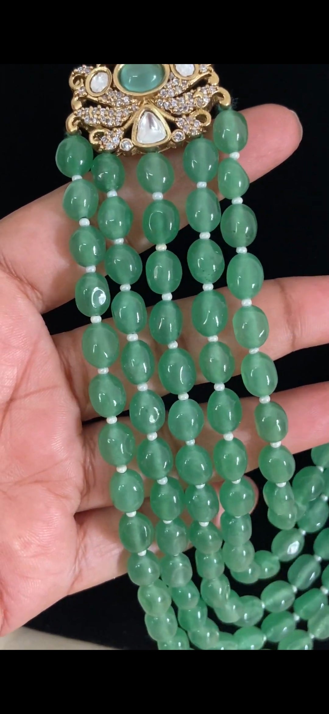 Vintage Green & Pearl Mala With Earrings
