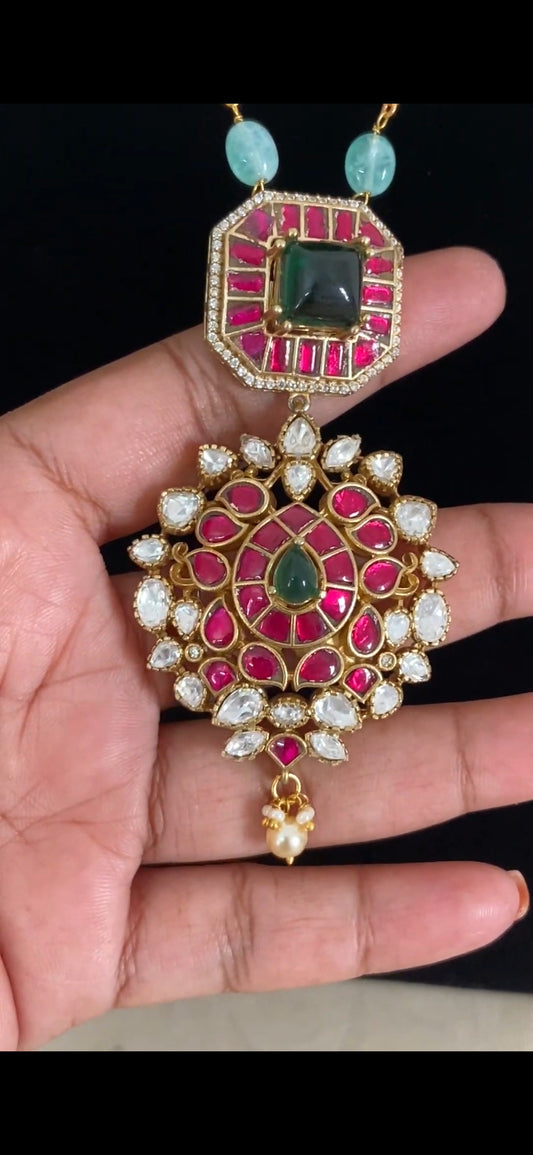 Moissanite Jadau Kundan Pendant Simple Chain Set | Indian Jewelry In USA