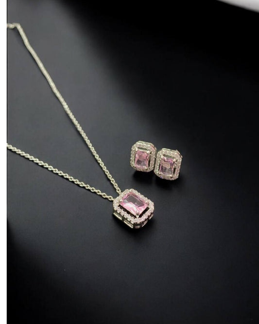 CZ Pink Pendant Simple Chain With Studs | Indian Jewelry In USA