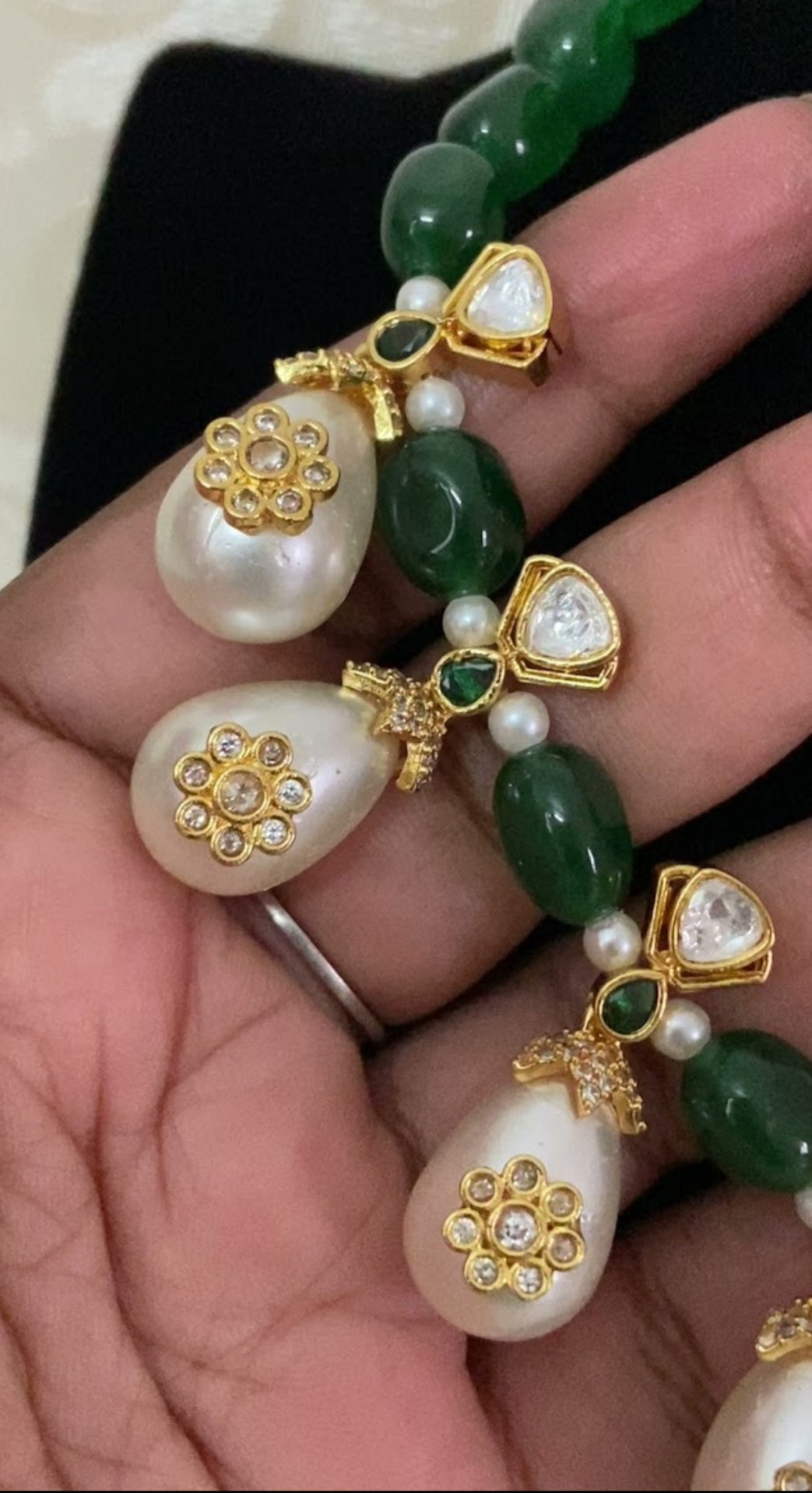Green Beads Pearl Drop Kundan Necklace Set | Indian jewelry In USA