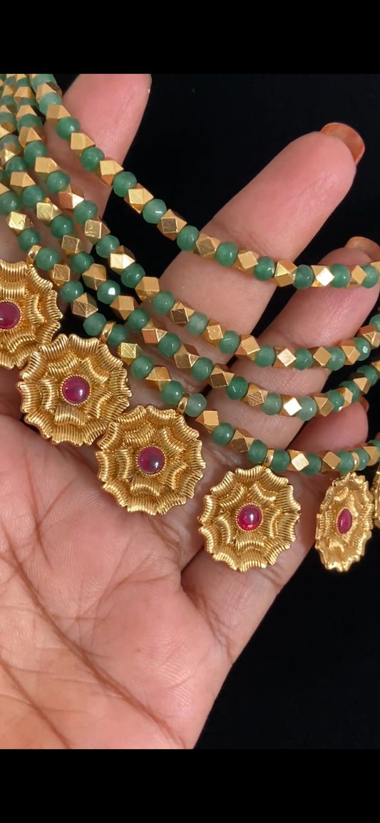 Antique Gold & Green Beads Flower Drops Necklace With Jumkis | Indian Jewelry