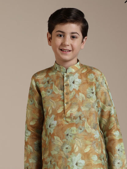 Boys Mustard Yellow Floral Patterned Kurta Set | Traditional Indian Dress