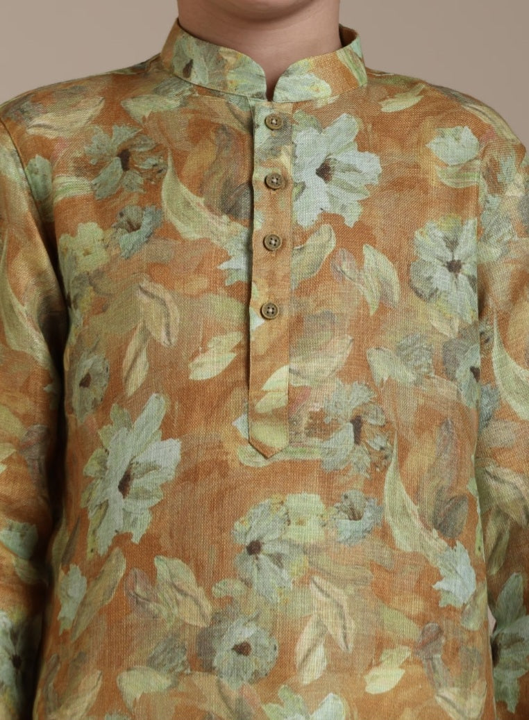 Boys Mustard Yellow Floral Patterned Kurta Set | Traditional Indian Dress