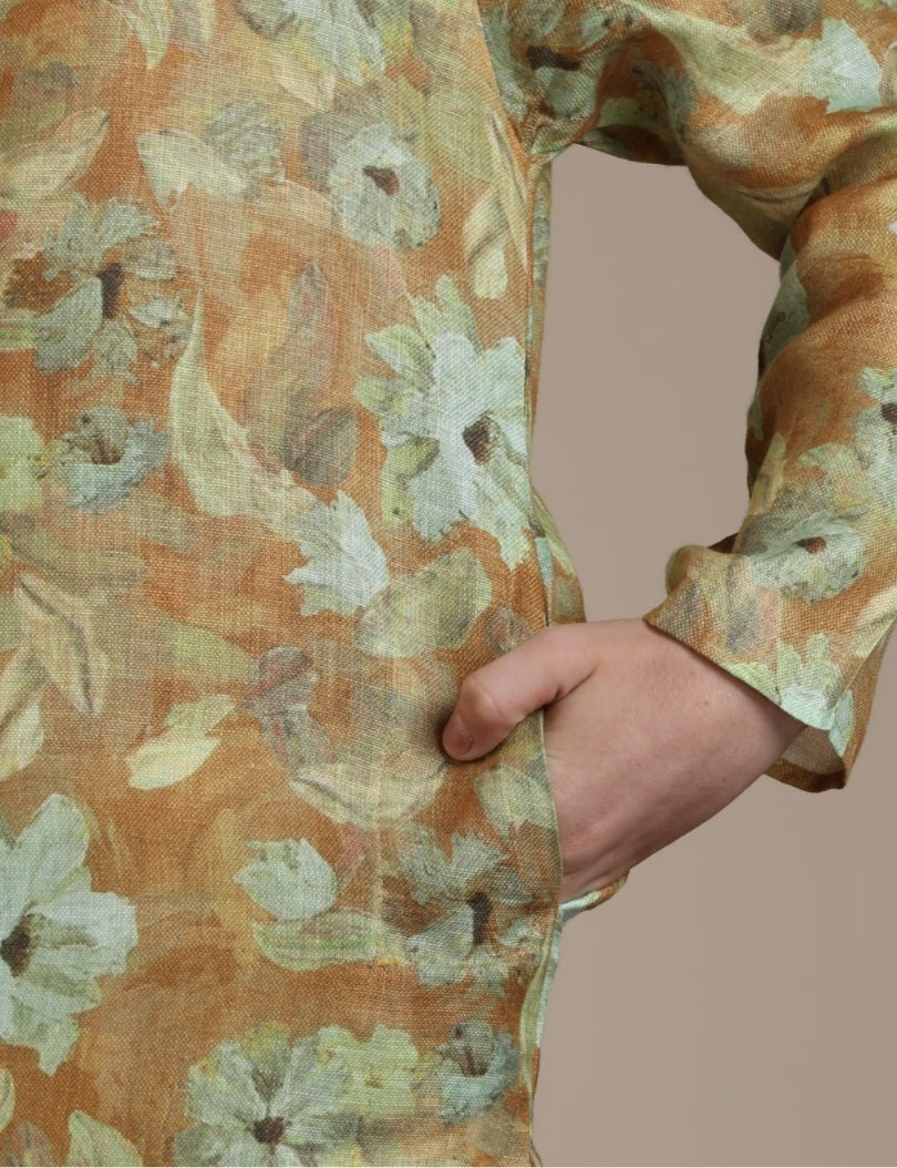 Boys Mustard Yellow Floral Patterned Kurta Set | Traditional Indian Dress