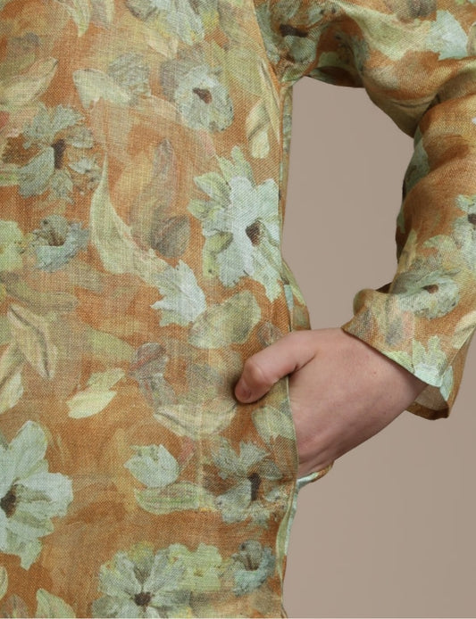 Boys Mustard Yellow Floral Patterned Kurta Set | Traditional Indian Dress