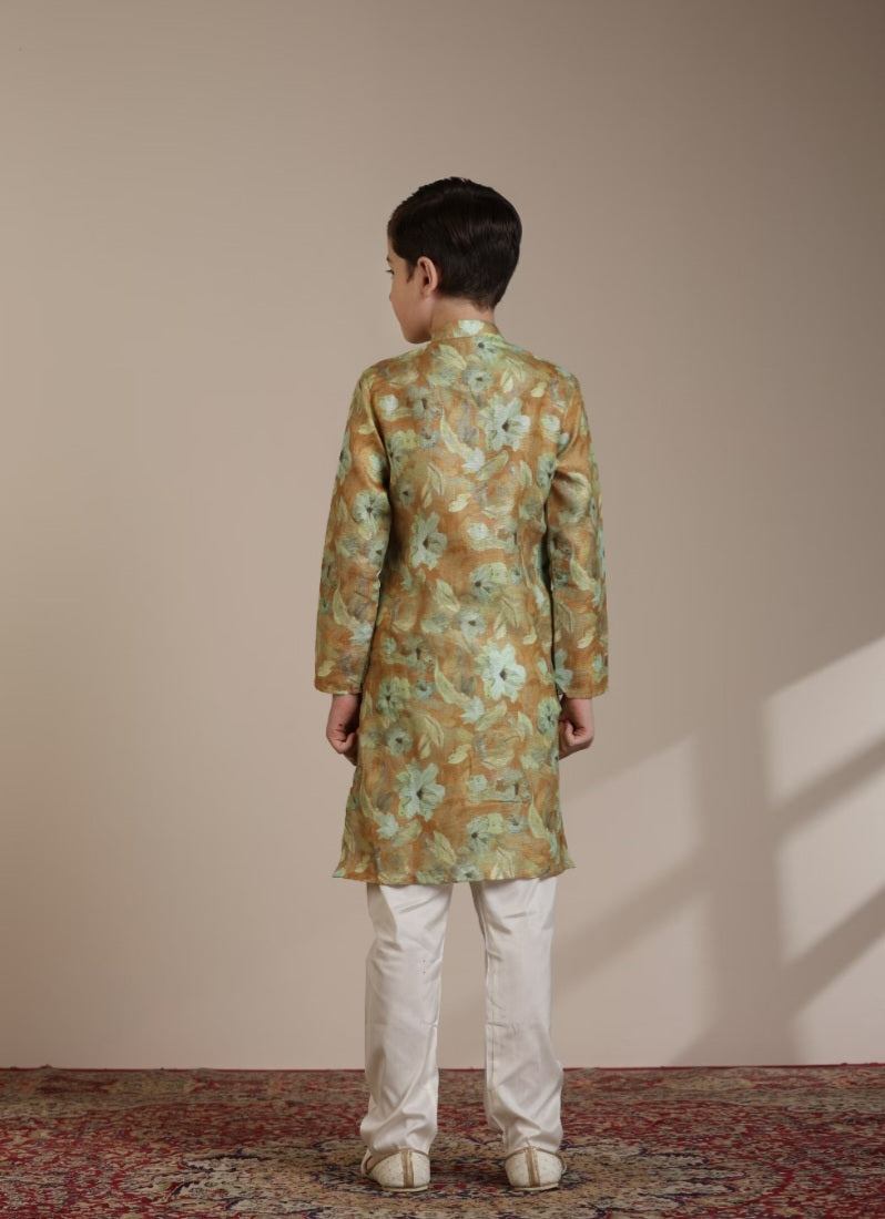 Boys Mustard Yellow Floral Patterned Kurta Set | Traditional Indian Dress