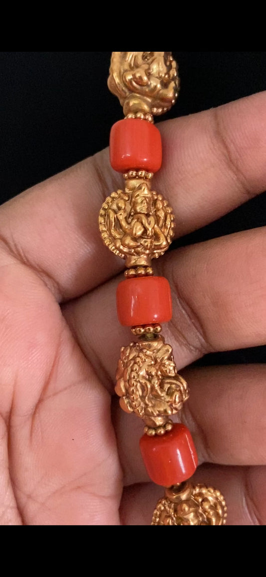 Coral Temple Lakshmi Beads Mala with Studs | Traditional Jewelry