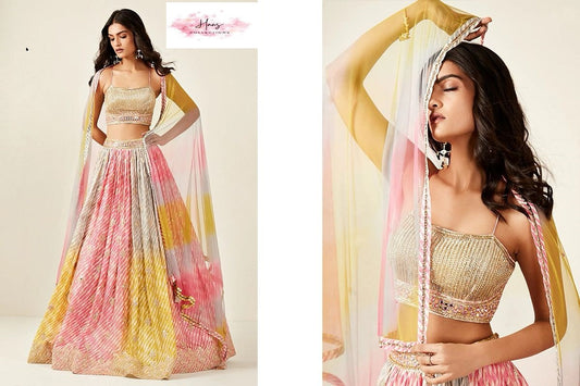 Multicolor Dori Embroidered Georgette Mehendi Lehenga | Party Wear Lehanga