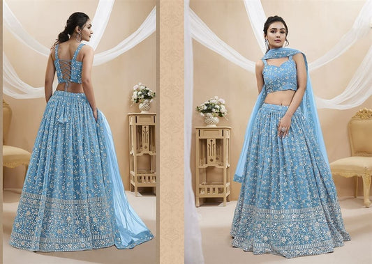 Sky Blue Embroidered Georgette Lehenga  | Party Wear Lehanga