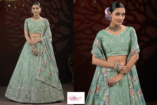 Sea Green Net A Line Lehenga | Party Wear Lehanga