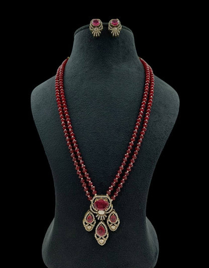 AD Victorian Pendant Onyx Beads Mala Necklace With Earrings