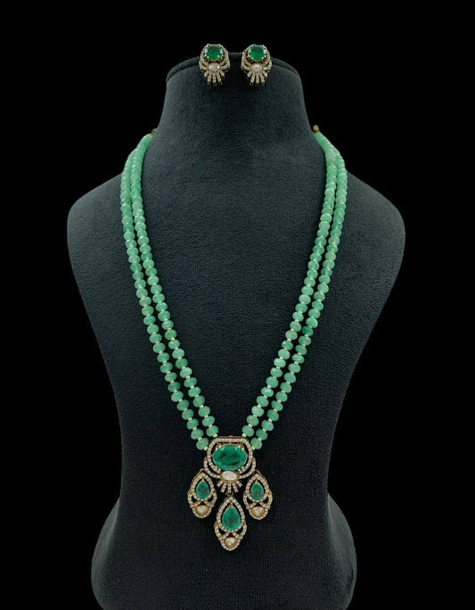 AD Victorian Pendant Onyx Beads Mala Necklace With Earrings