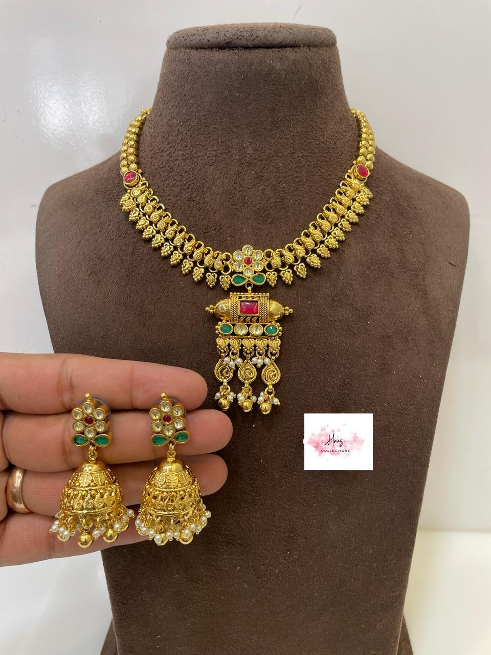 Antique Kundan Necklace with Jumkis | Indian Necklace