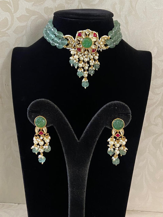 Ahmedabadi Kundan & Green Beads Necklace | Latest Necklace