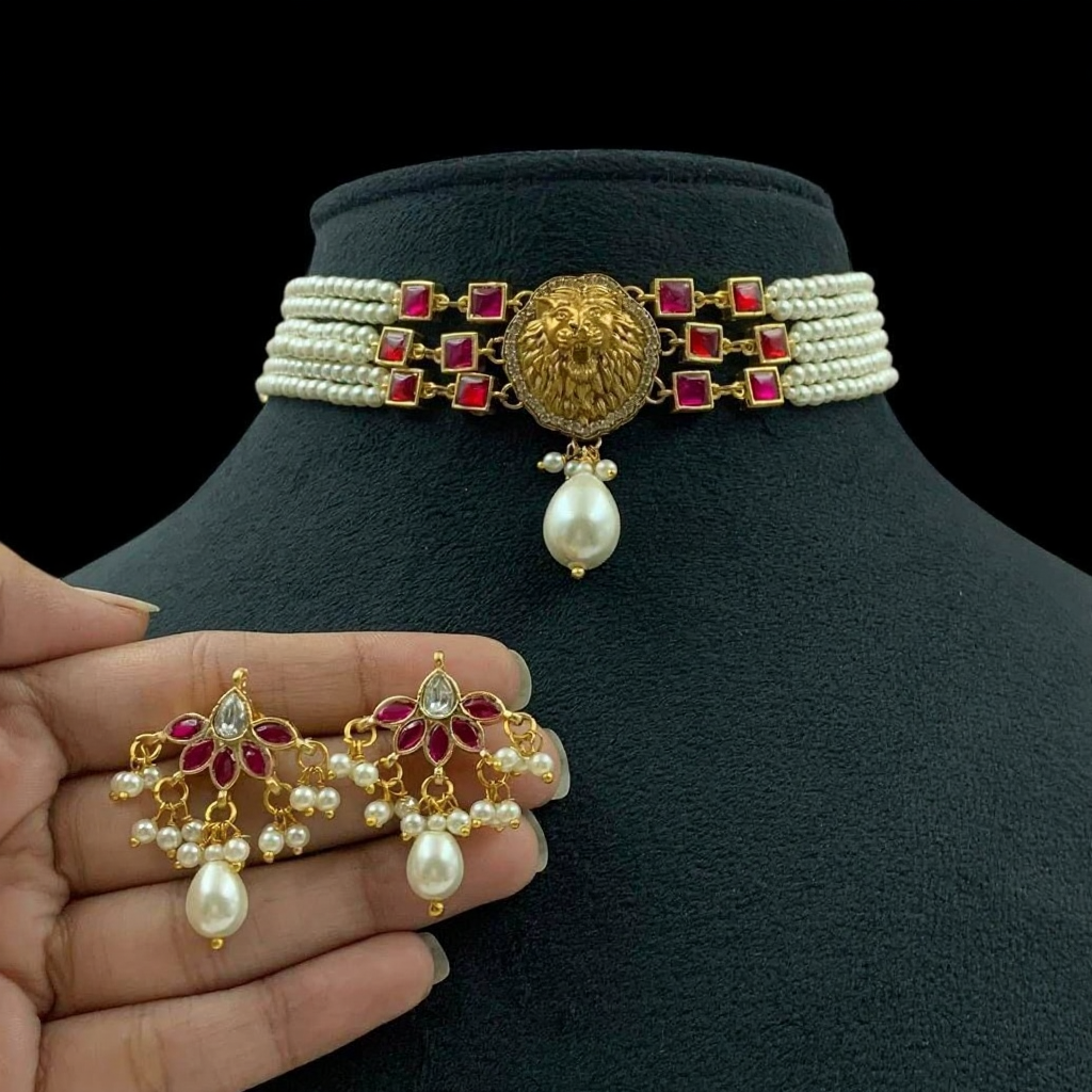 Antique Lion & Kundan Pendant Pearl Choker Set | Indian Necklace
