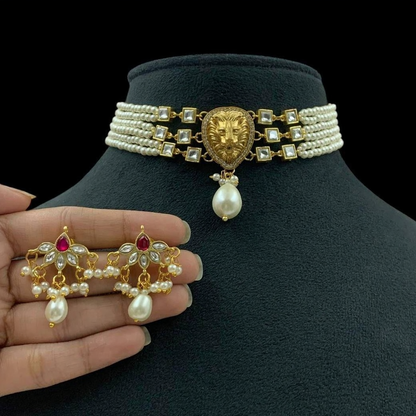 Antique Lion & Kundan Pendant Pearl Choker Set | Indian Necklace