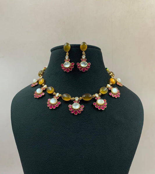 Natural stones Fusion Necklace with Earrings | Indian Designer Necklace
