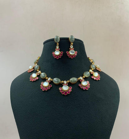 Natural stones Fusion Necklace with Earrings | Indian Designer Necklace