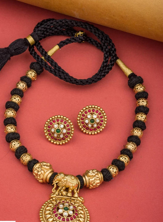 Antique Pendant Thread Necklace With Studs |  Handmade Necklace | Mangalasutra