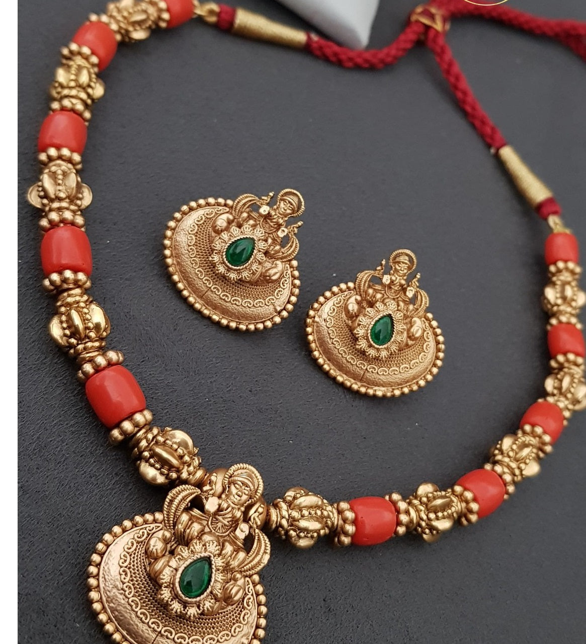 Lakshmi Pendant Coral Necklace With Earrings | Latest Indian jewelry