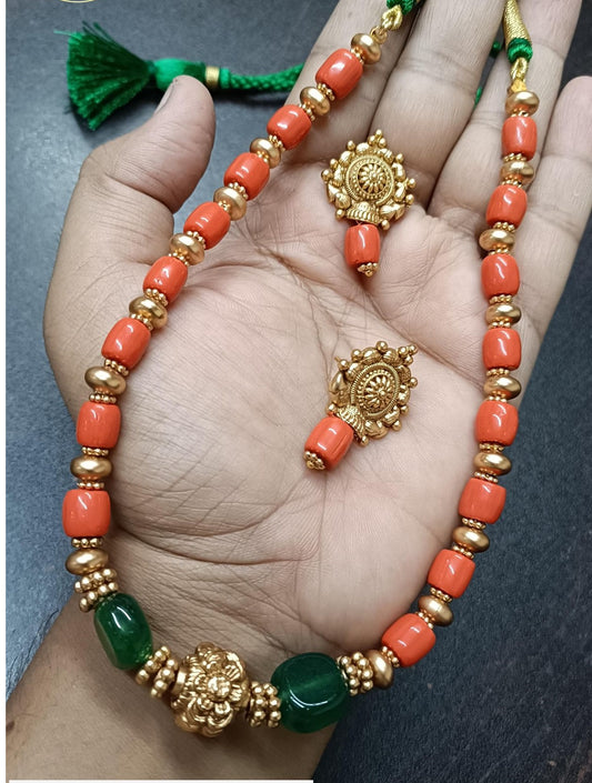 Coral Mala Necklace With Earrings |  Handmade jewelry