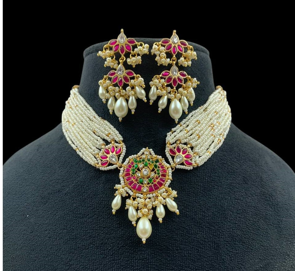 Jadau Kundan & Pearl Choker with Earrings |  South Indian jewelry
