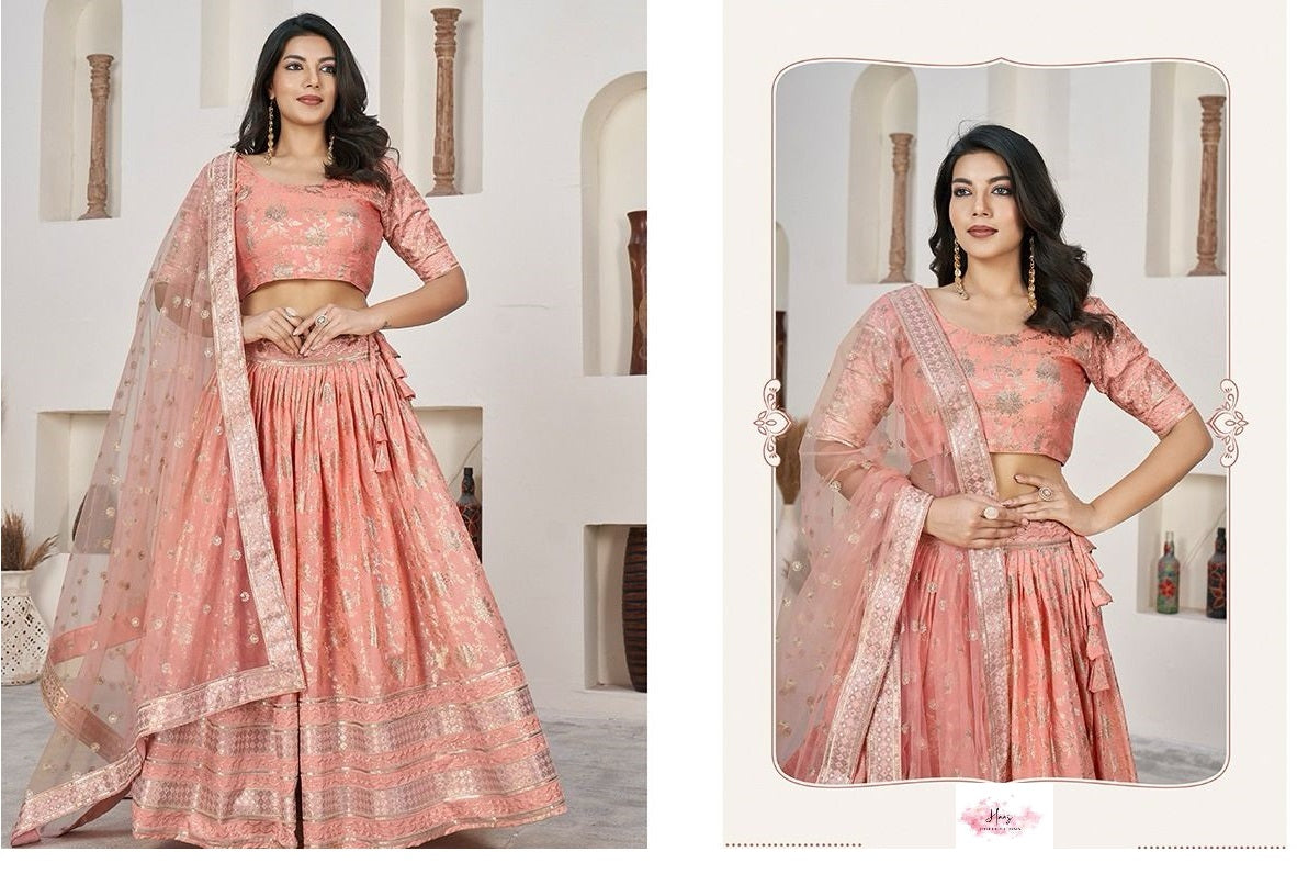 Peach Dola Jacquard Lehanga | Party Wear Lehanga