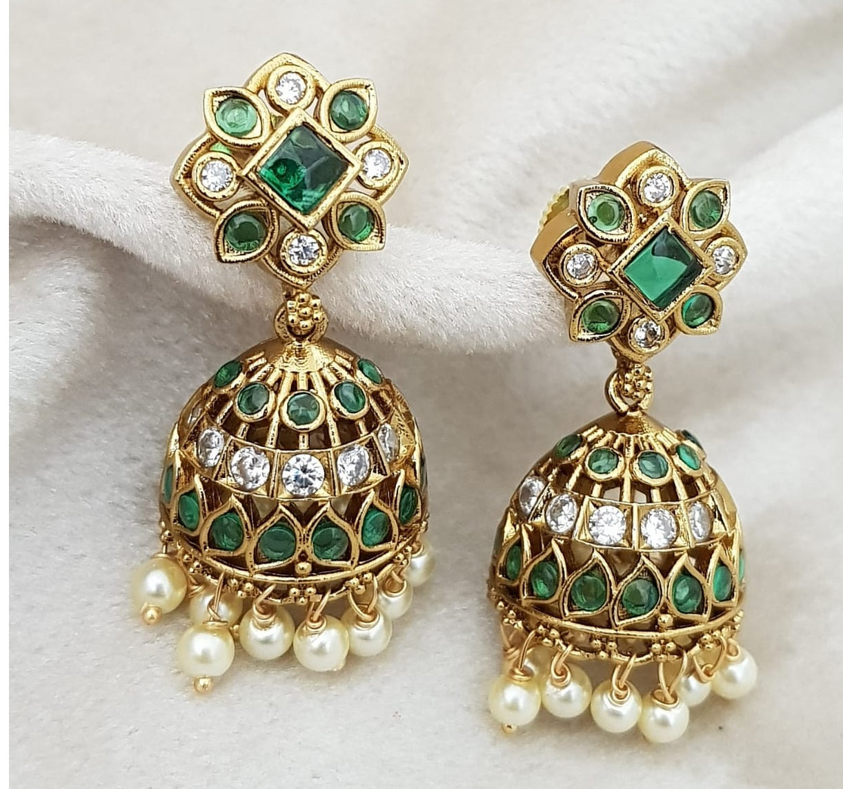 CZ Antique Real Kempu Jumkis | Traditional Indian Earrings