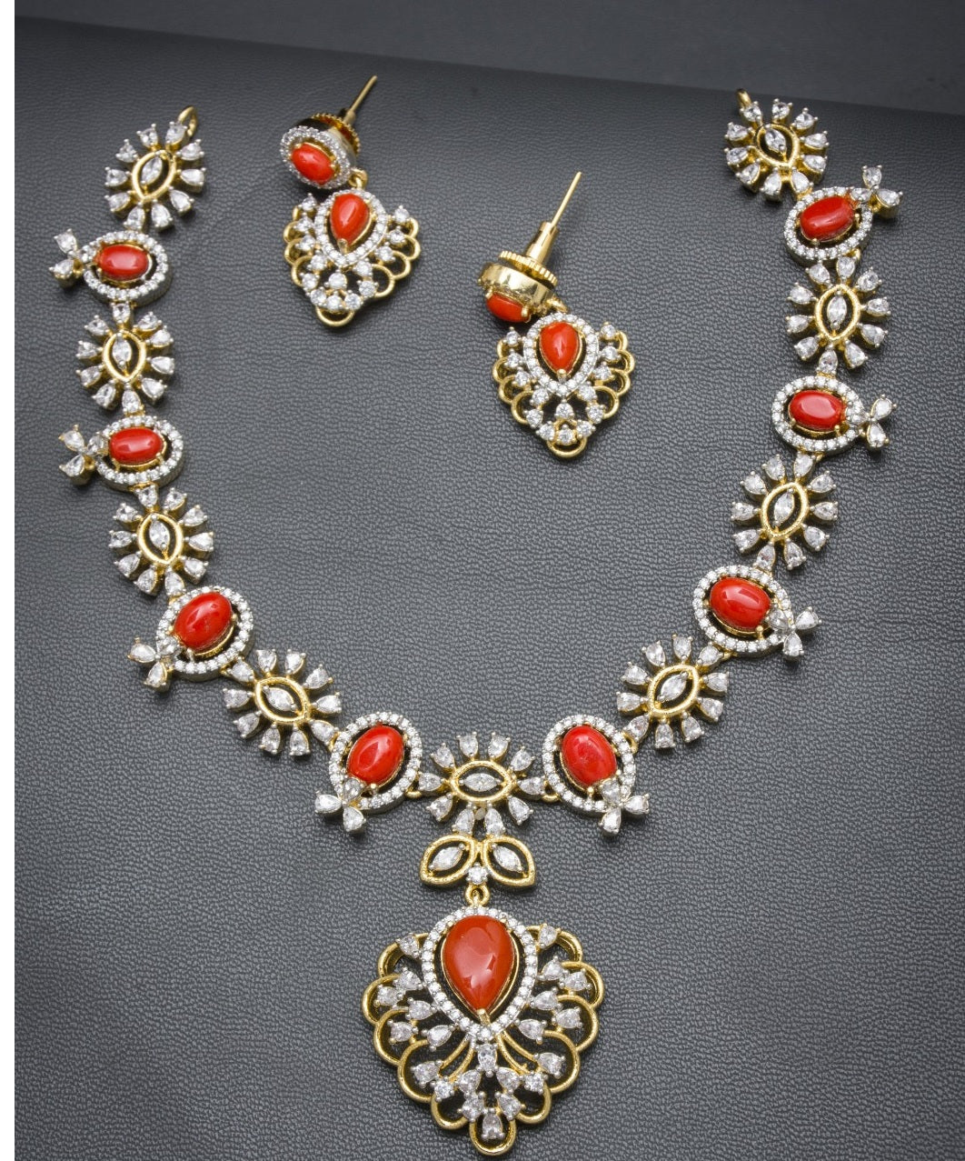 AD Coral & Emerald Necklace With Earrings | Indian Necklace
