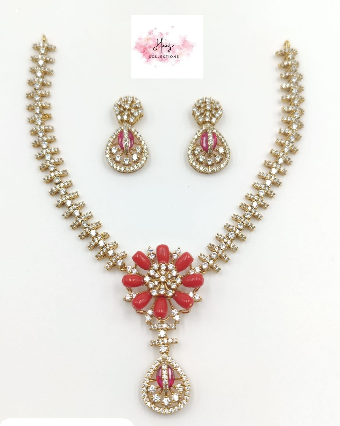 Coral Pendant AD Necklace Set | Indian Jewelry In USA | Gift Idea