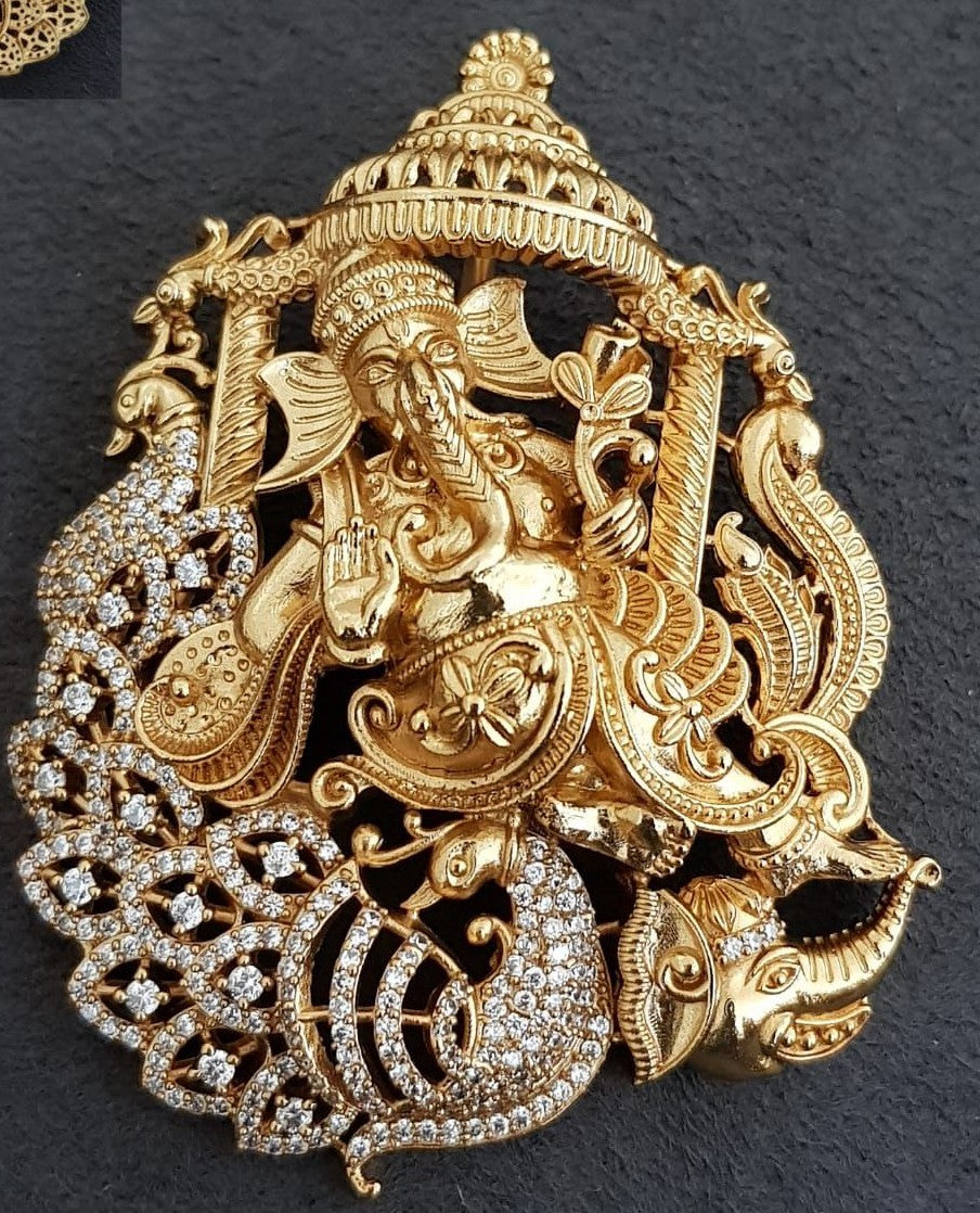Antique Ganesh Pendant | AD Peacock Ganesh Temple Pendant