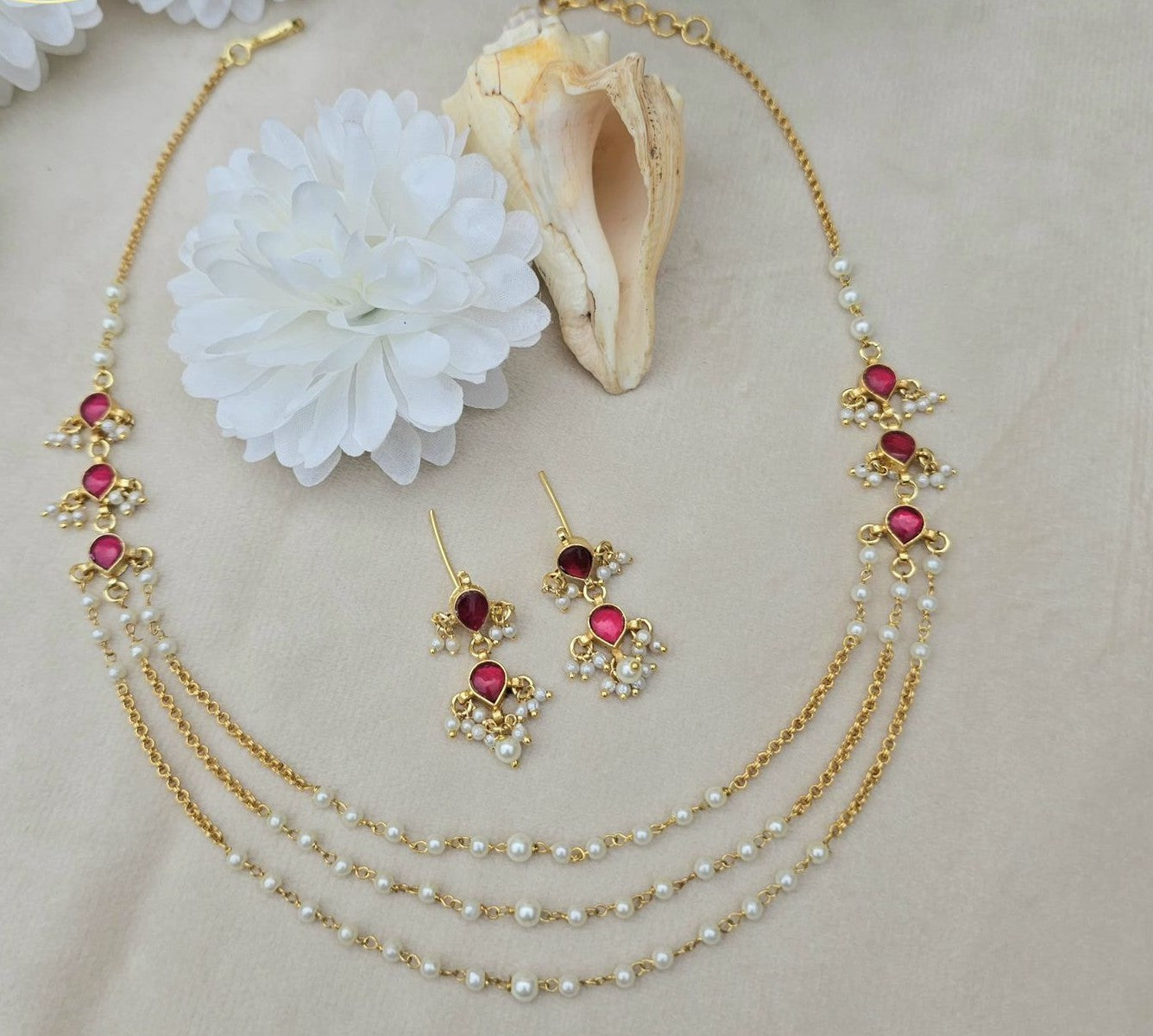Triple Layer Pearl & Kundan Necklace With Earrings |  Indian Necklace