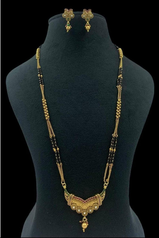 Long Antique Mangalasutra With Earrings | Traditional Black Bead Necklace