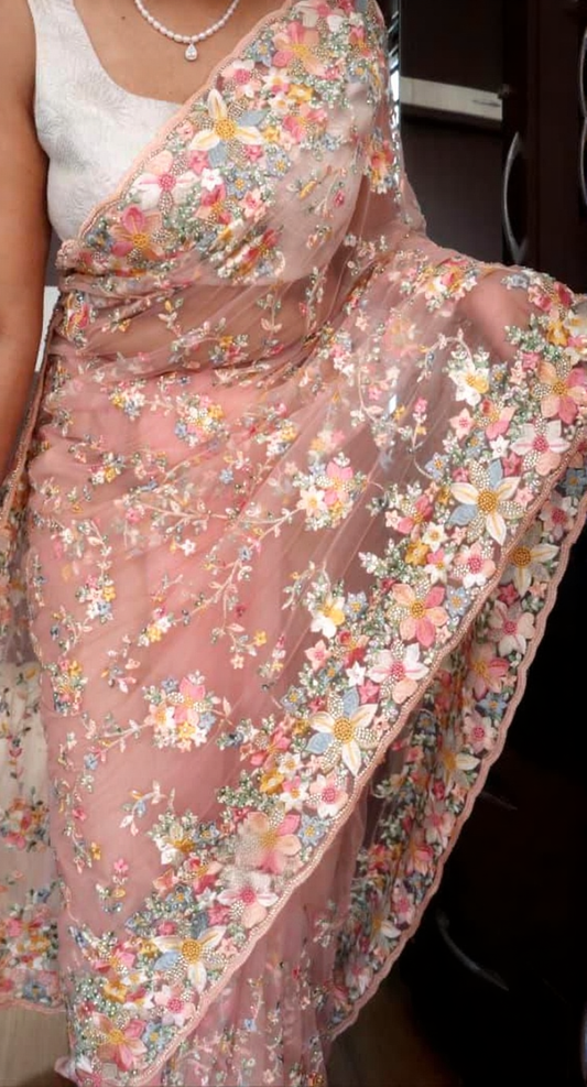 Floral Embroidary Work Soft Net Saree | Indian Sarees In USA