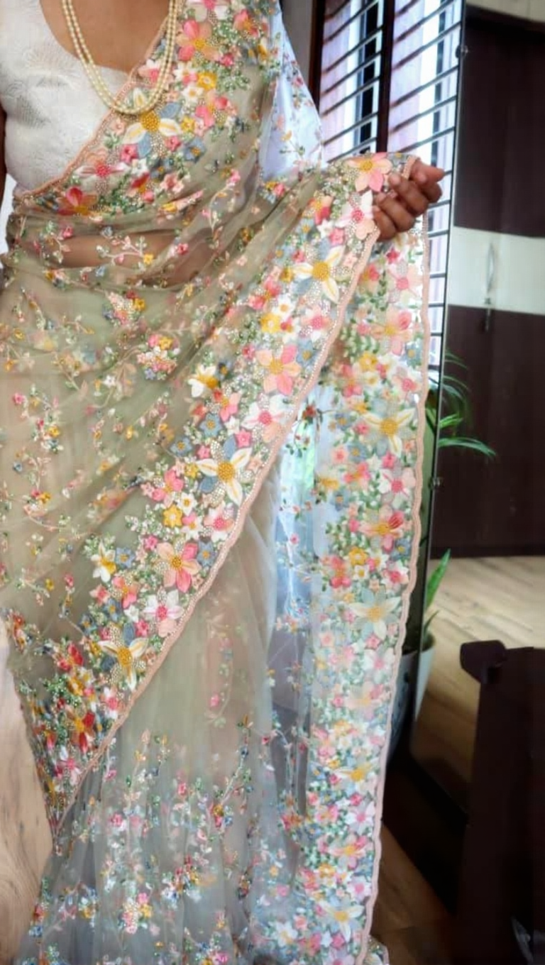 Floral Embroidary Work Soft Net Saree | Indian Sarees In USA