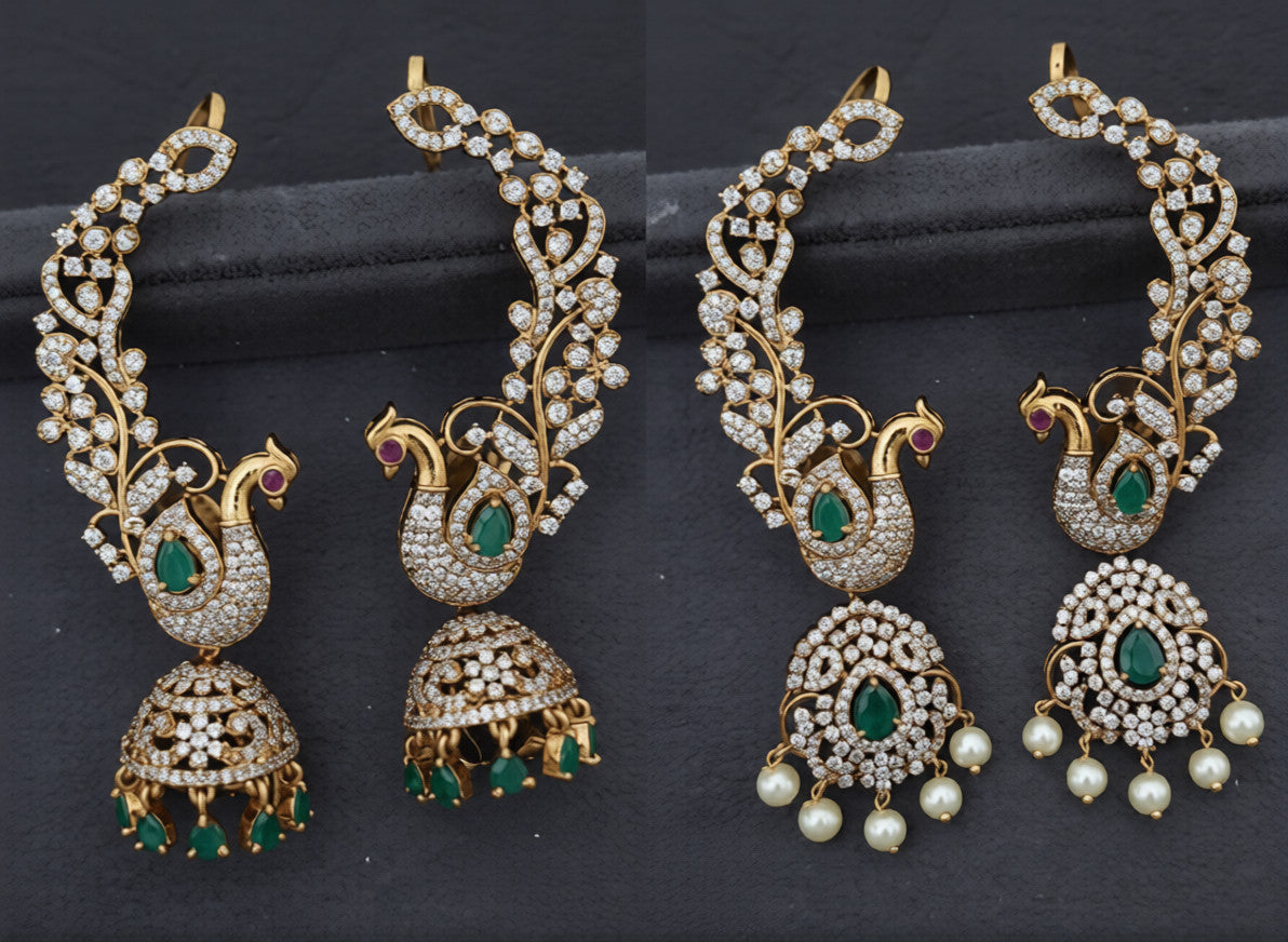 AD Emerald Peacock 2 in 1 Ear Cuffs | Indian Jewelry In USA | Changeable Earrings