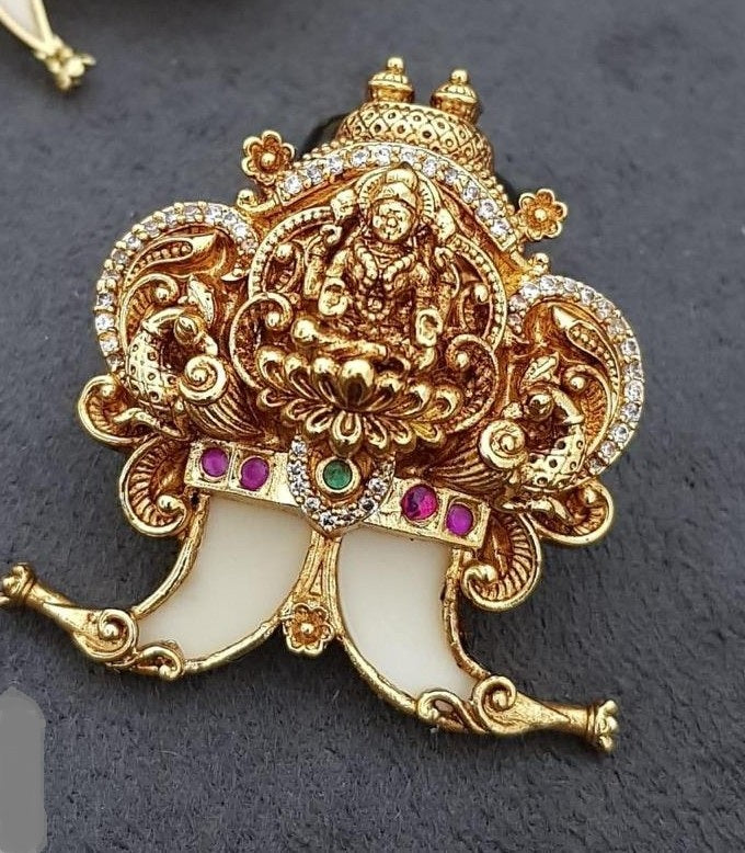 Antique CZ Lakshmi Tiger Nail Pendant | Indian Traditional Puligoru