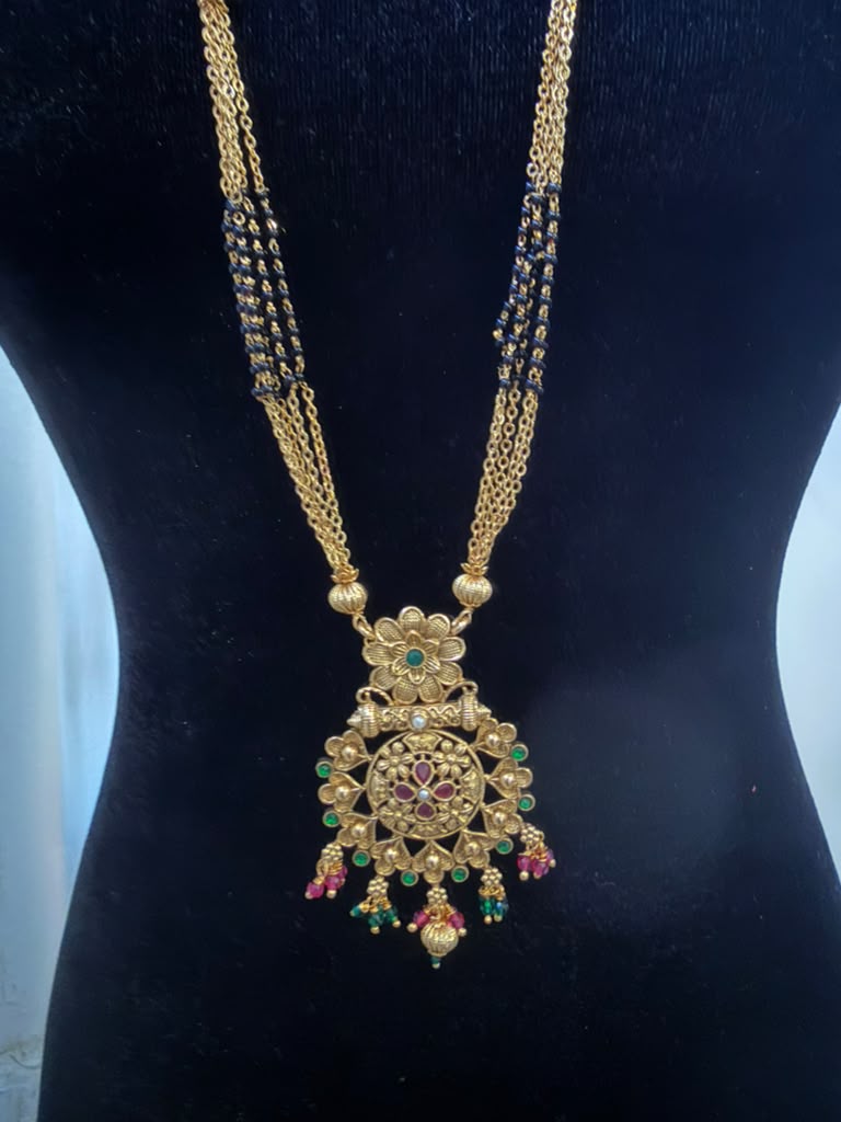 Long Antique Mangalasutra With Earrings | Traditional Black Beads Necklace