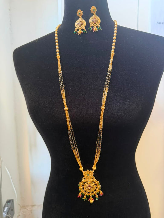Long Antique Mangalasutra With Earrings | Traditional Black Beads Necklace